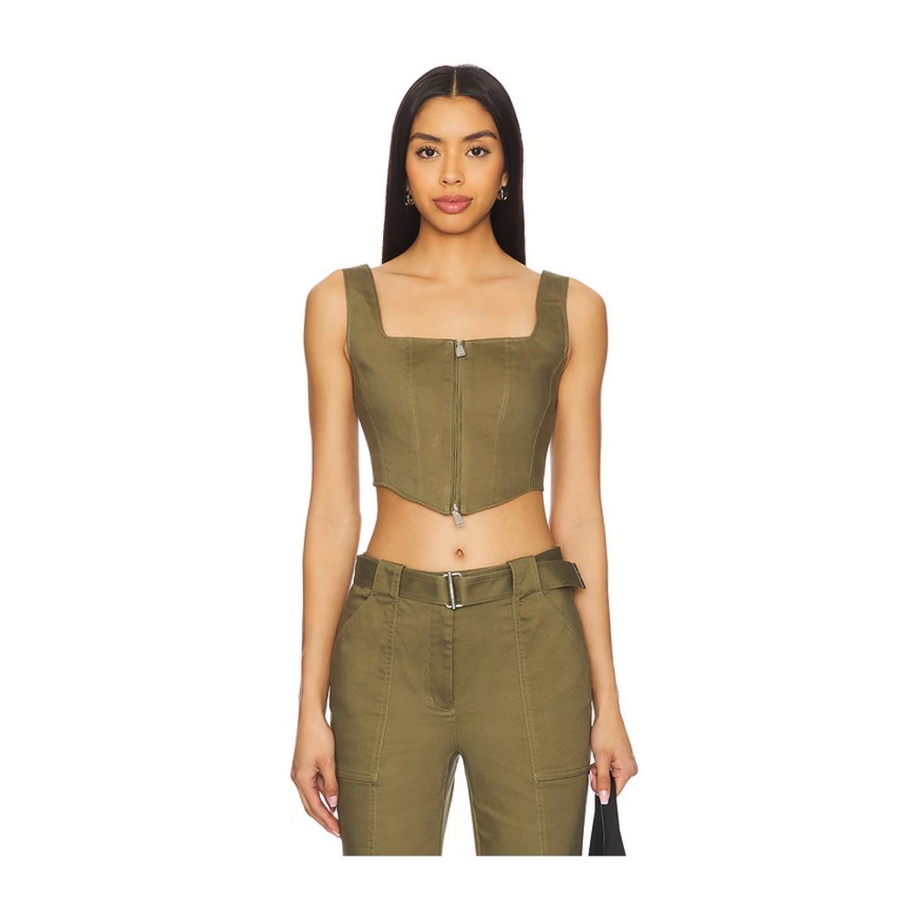 Olive Green Reoria Crop Corset Top Adjustable Straps Back Zipper Closure M NWT